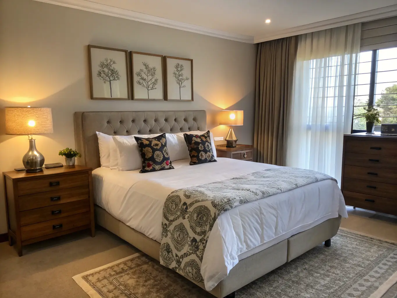 A cozy Scandinavian-style bedroom with warm lighting, natural wood furniture, and soft textiles, illustrating the comfort and functionality of Scandinavian design.