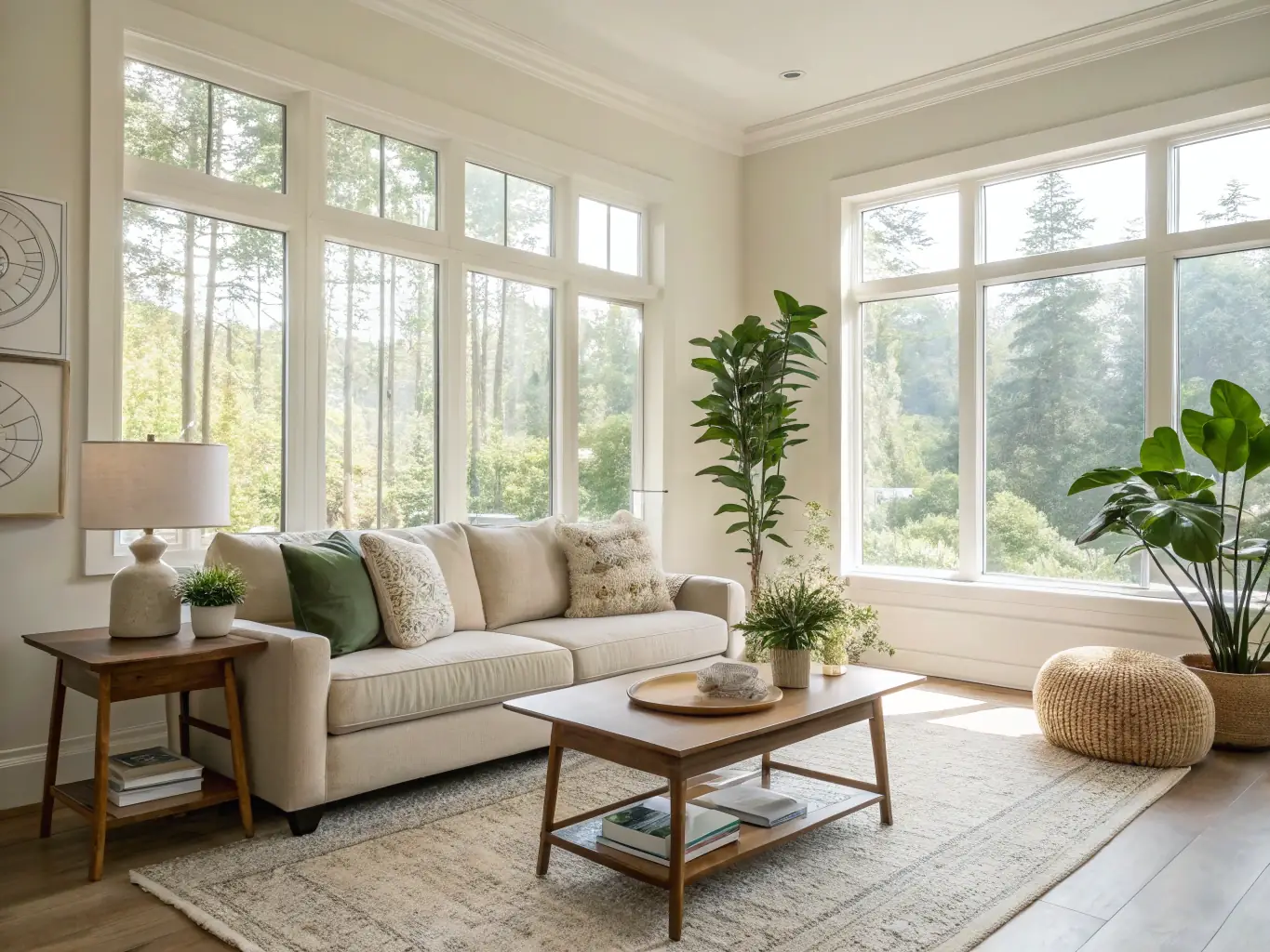 A bright, minimalist living room featuring clean lines, neutral colors, and natural light, showcasing the essence of minimalist design.
