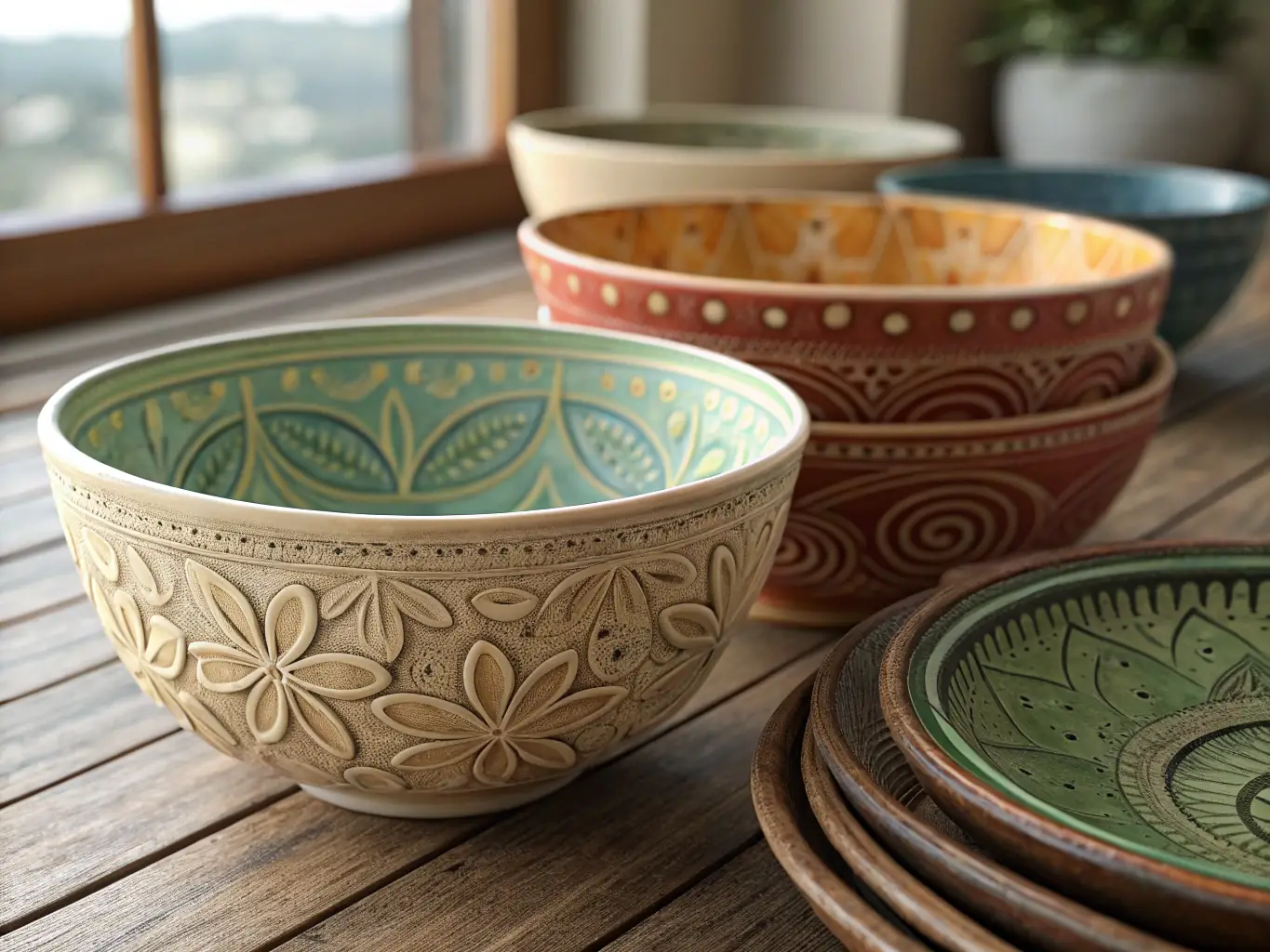 A close-up shot of a set of decorative wooden bowls arranged on a white shelf. The bowls vary in size and shape, showcasing natural wood grain and smooth finishes. The setting is a brightly lit, minimalist interior.