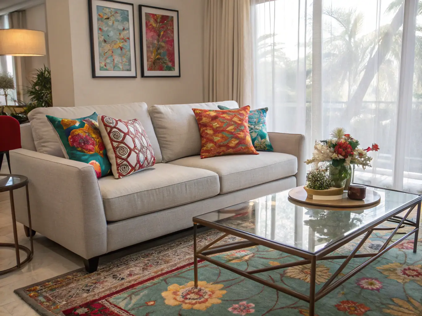 A brightly lit living room featuring a minimalist sofa with light gray upholstery, complemented by a wooden coffee table and a geometric-patterned rug. The scene emphasizes the clean lines and functional design characteristic of Scandinavian style.