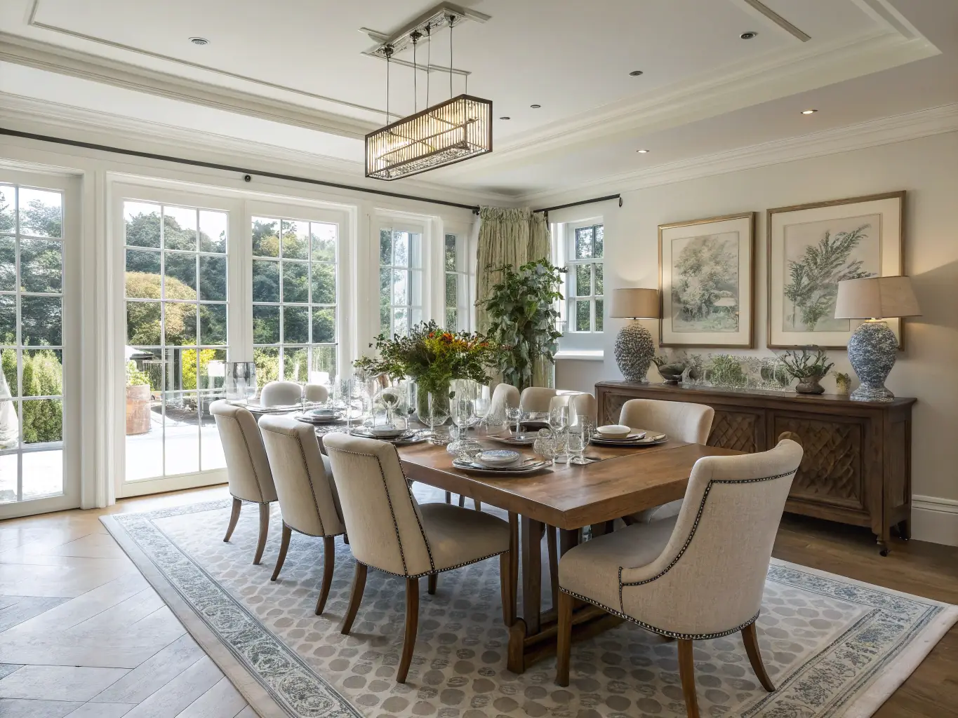A modern dining area featuring a round wooden table surrounded by sleek, black chairs. A minimalist pendant light hangs above the table, casting a warm glow. The setting is a bright, open-plan space with Scandinavian design elements.
