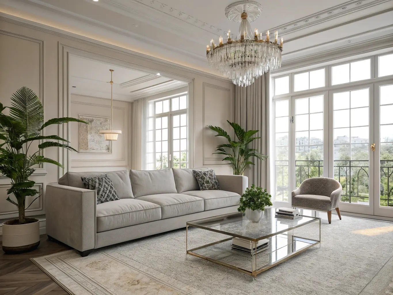A modern living room blending minimalist and Scandinavian elements, featuring a neutral color palette, natural wood accents, and a comfortable sofa.